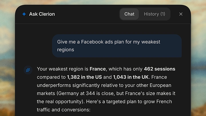 Ask Clerion answering: Plan Facebook ads for my weakest regions.