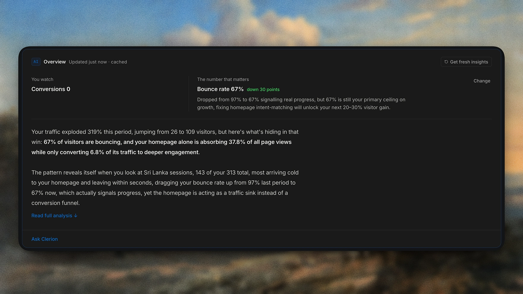 The Clerion Command Center: an AI briefing explaining a 319% traffic spike in plain English, with the number that matters and the fix to start with