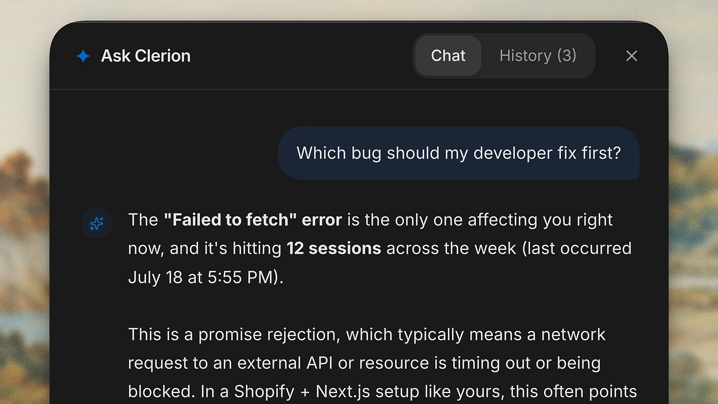 The bug answer names the error, the browser, the cost in sessions, and the likely cause.