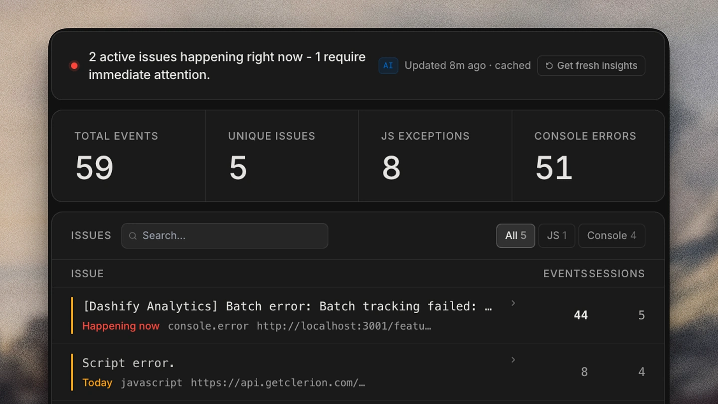 Clerion's error monitoring: two active issues flagged in plain English, error and exception counts, and the ranked issue list with events and sessions affected
